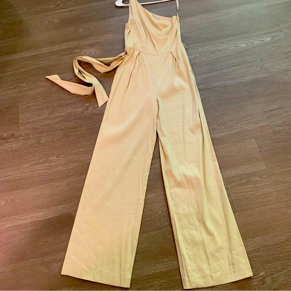 NWT Antonio Melani Khaki One Shoulder Linen Blend Jumpsuit